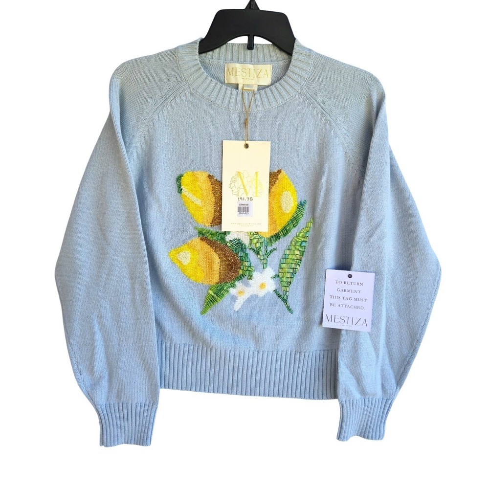 Mestiza New York Blue Cotton Sweater Hand Beaded Glass Lemon Citrus Floral Large
